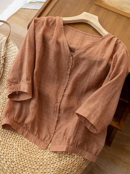 Pure Color V Neck 3/4 Sleeve Linen Shirt Top