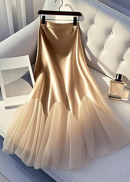 Italian Champagne Tulle Patchwork Silk a Line Skirt Summer