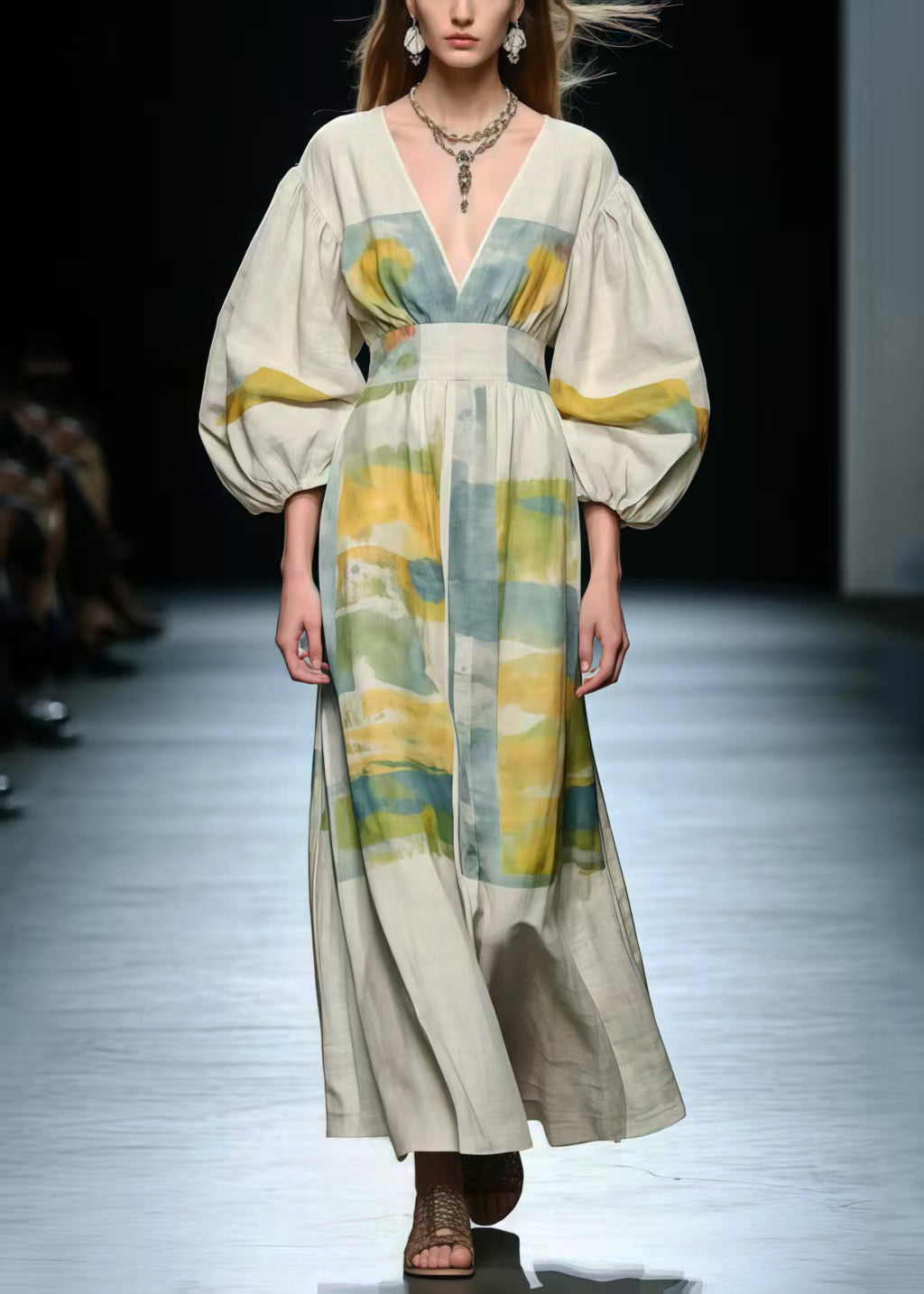 V Neck Print Cotton Long Dress Lantern Sleeve