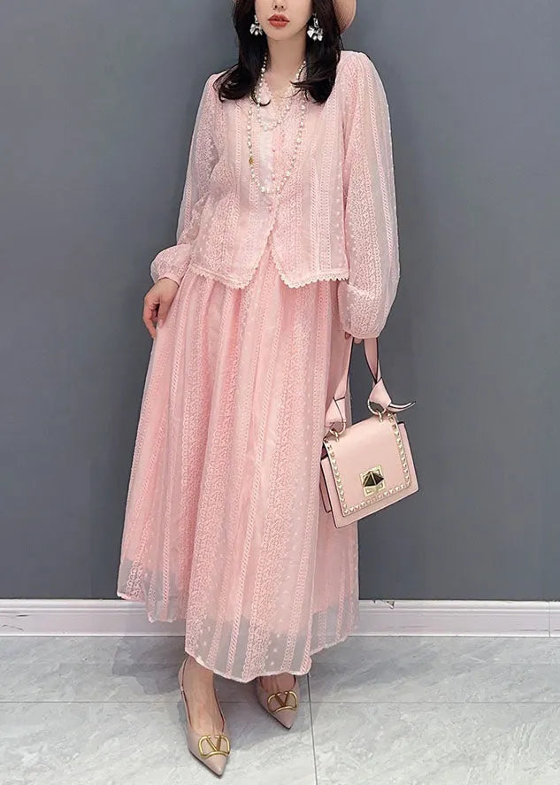Italian Pink Embroideried Patchwork Tops and Skirts Chiffon Two Pieces Set Summer