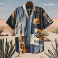 Men's Contrast Colors  Patchwork Sun Linen T-shirt elevenforest