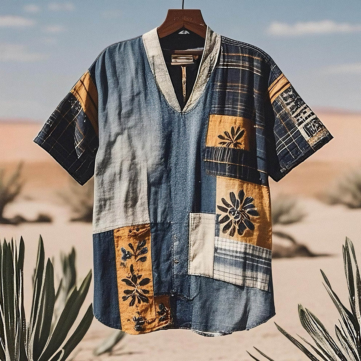 Men's Contrast Colors  Patchwork Sun Linen T-shirt elevenforest