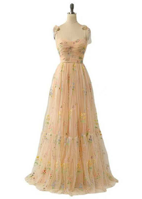 Champagne Color Wrinkled Lace Up Patchwork Tulle Dress Summer