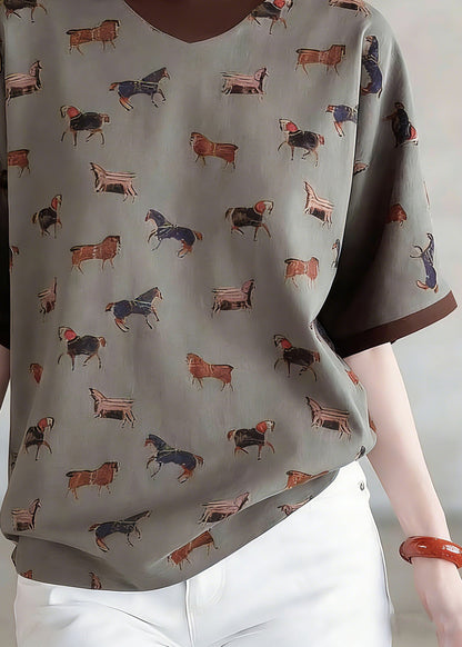 Style Coffee Print Fake Two-piece Top Short Sleeve
