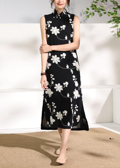 Black Print Cotton Clothes Stand Collar Side Open Cotton Robes Dresses