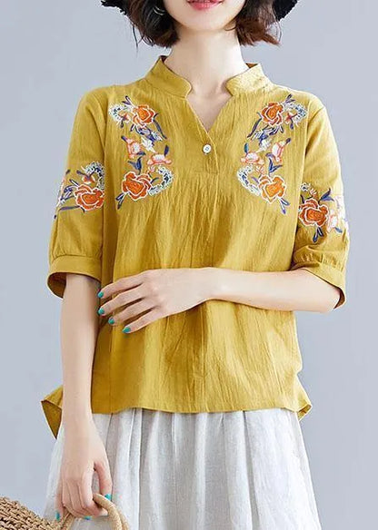 Yellow Embroidery Linen Cotton Blouse Sewing V Neck Summer Top