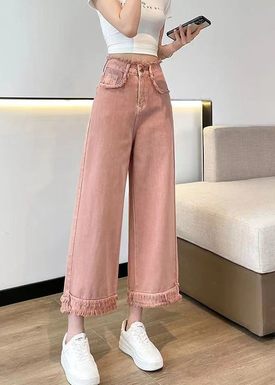 Pink Tasseled High Waist Denim Wide Leg Pants Spring
