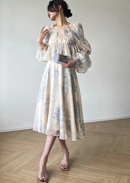 Square Collar Print Top and Skirts Two Pieces Set Fall