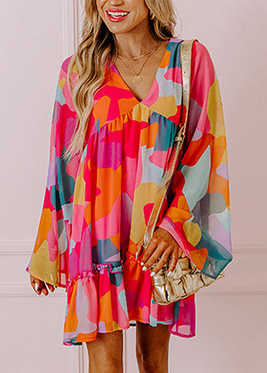 Red Print Wrinkled Chiffon Mid Dresses Fall