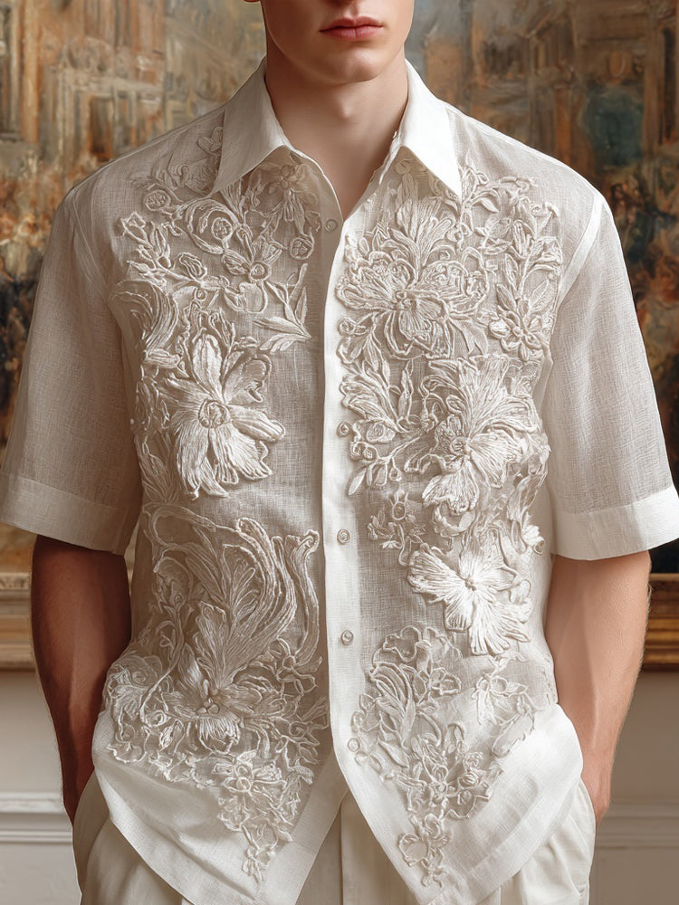 Men's Floral Lace Embroidered Short Sleeve Linen Shirt elevenforest