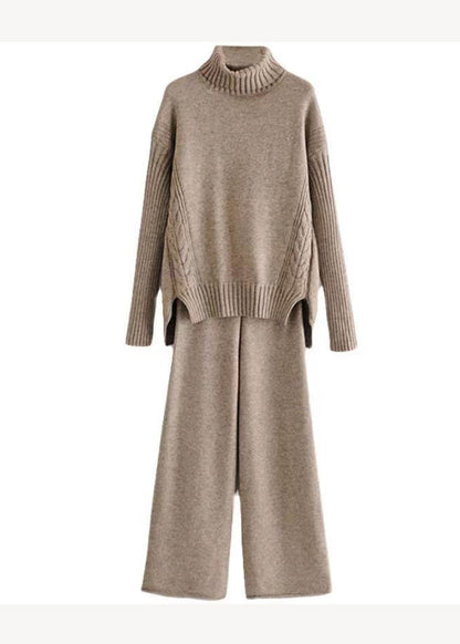 French Apricot Hign Neck Tops and Pants Knit Two Pieces Set Autumn