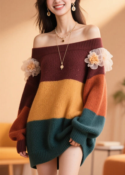 Handmade Colorblock Cold Shoulder Patchwork Knit Sweater Fall