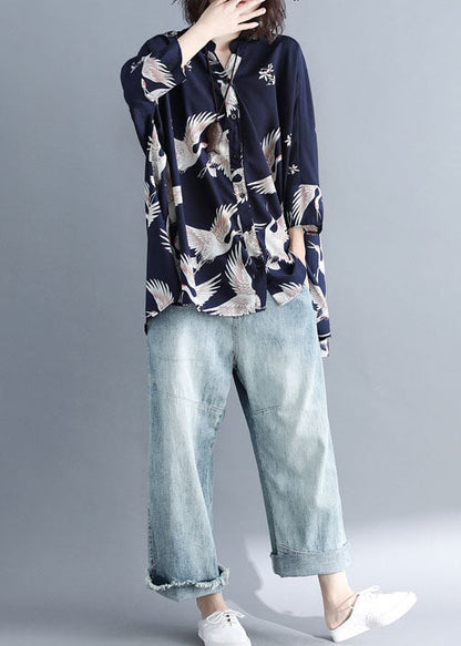 Navy Stand Collar Oversized Print Chiffon Top Batwing Sleeve