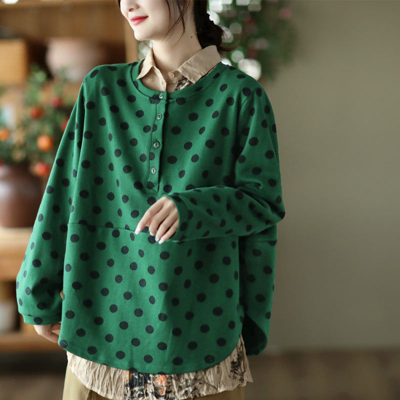 Polka-dot Print Top-paneled Cotton T-shirt