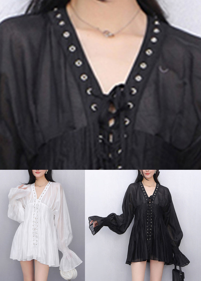 White Wrinkled Tie Waist Chiffon Shirt Fall