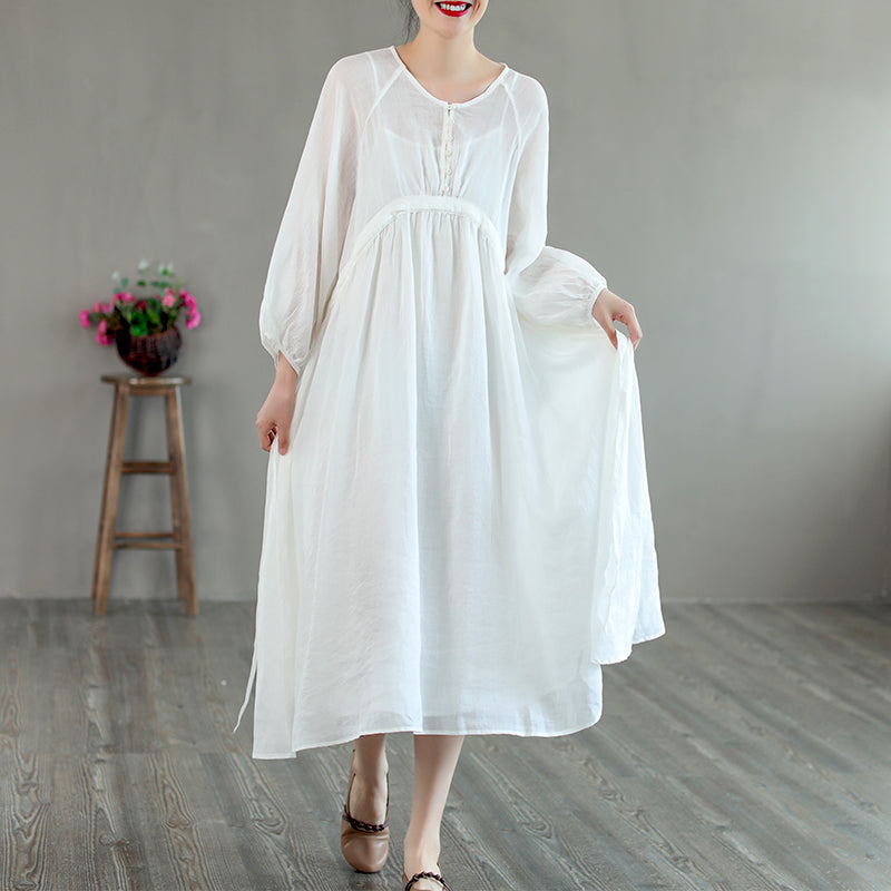 Summer Retro Loose Long Sleeve Thin Linen Dress