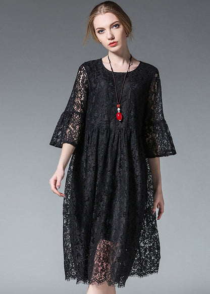 Black O-neck Hollow Out Lace Party Dress Flare Sleeve