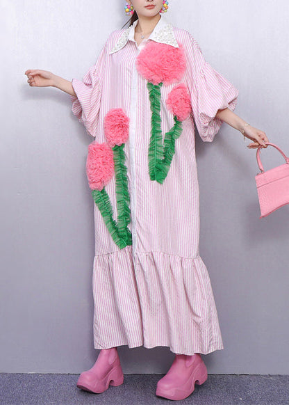 Pink Striped Flower Decorated Cotton Dresses Puff Sleeve