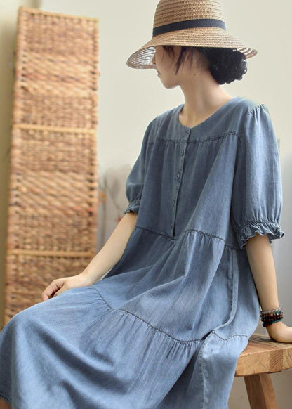 French O Neck Cinched Cotton Summer Quilting Clothes Wardrobes Blue Dresses