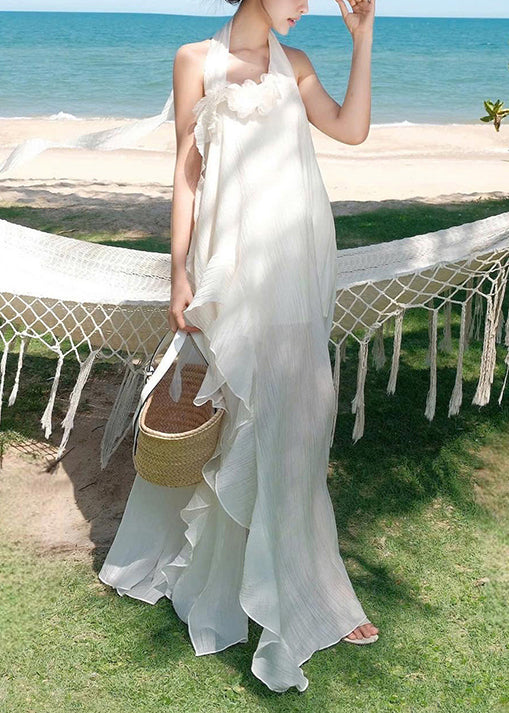 White Ruffled Asymmetrical Patchwork Cotton Dresses Sleeveless