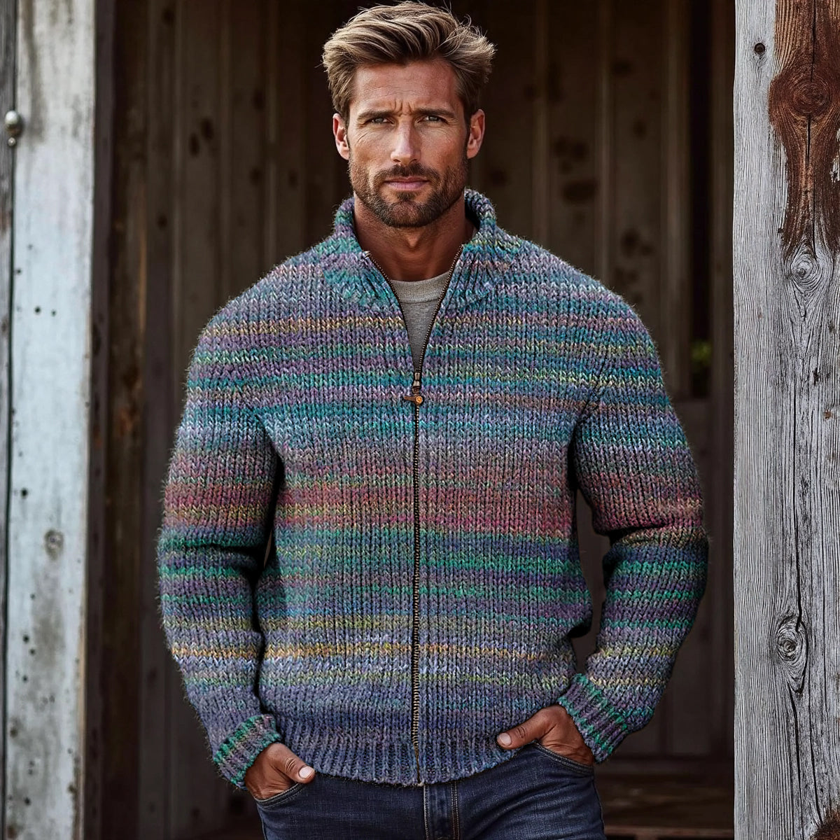 Men's Vintage Rainbow Gradient Knitted Zip Cozy Sweater elevenforest
