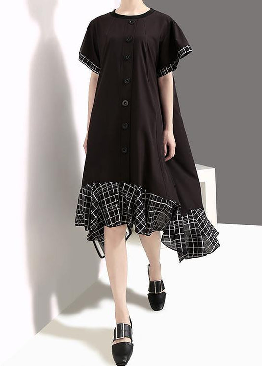 Loose Cotton Quilting Clothes Plaid Splided Loose Flare Sleeve Dress