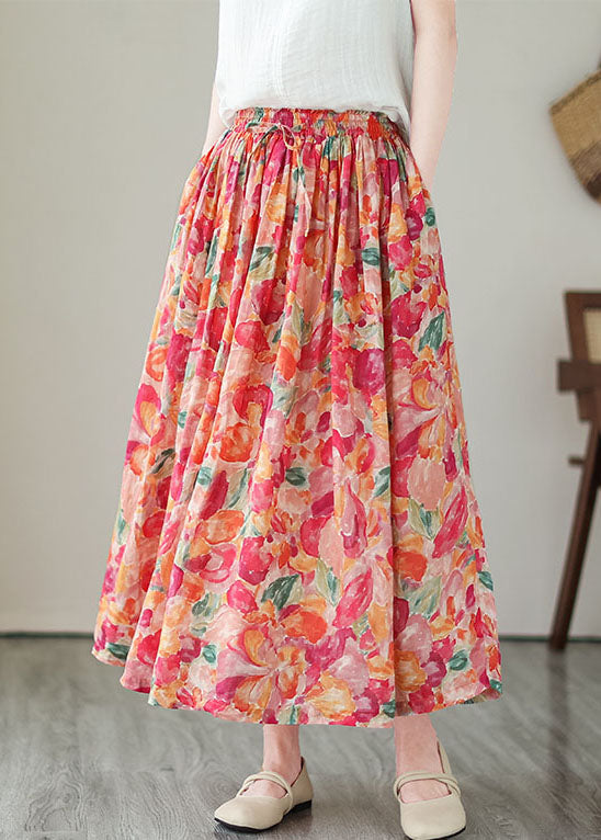 Wrinkled Pockets Elastic Waist Patchwork Linen Skirts Summer