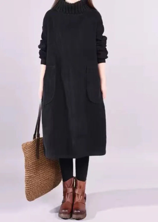 Black Turtle Neck Patchwork Warm Fleece Corduroy Dress Long Sleeve