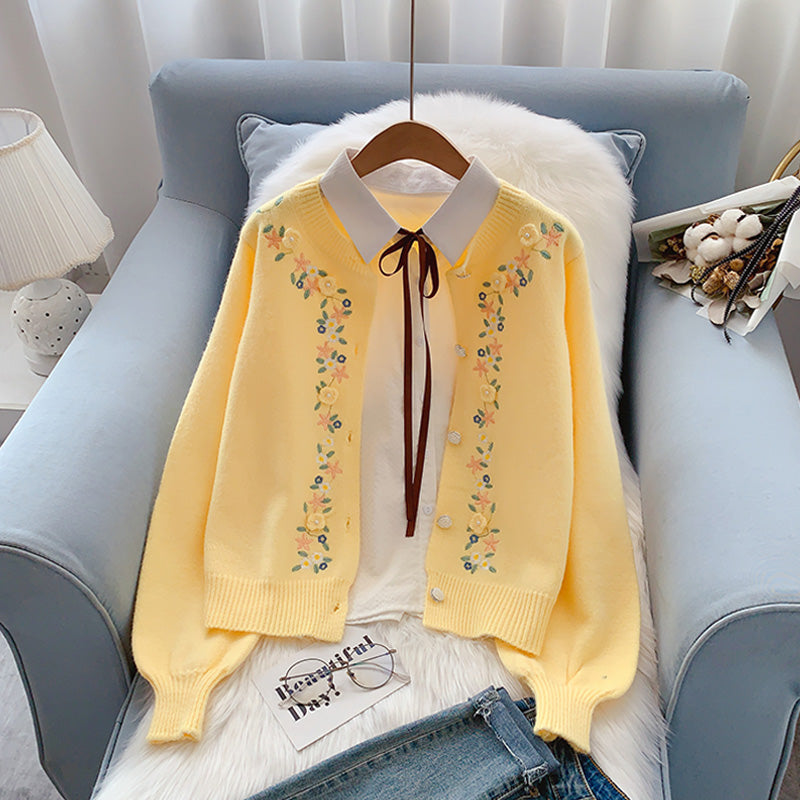 Gentle Fengsen Department Hand Embroidered Flower Sweater Coat 5053