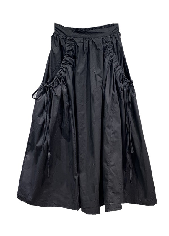 Black Cinched Pockets Elastic Waist Patchwork Cotton Skirt Fall