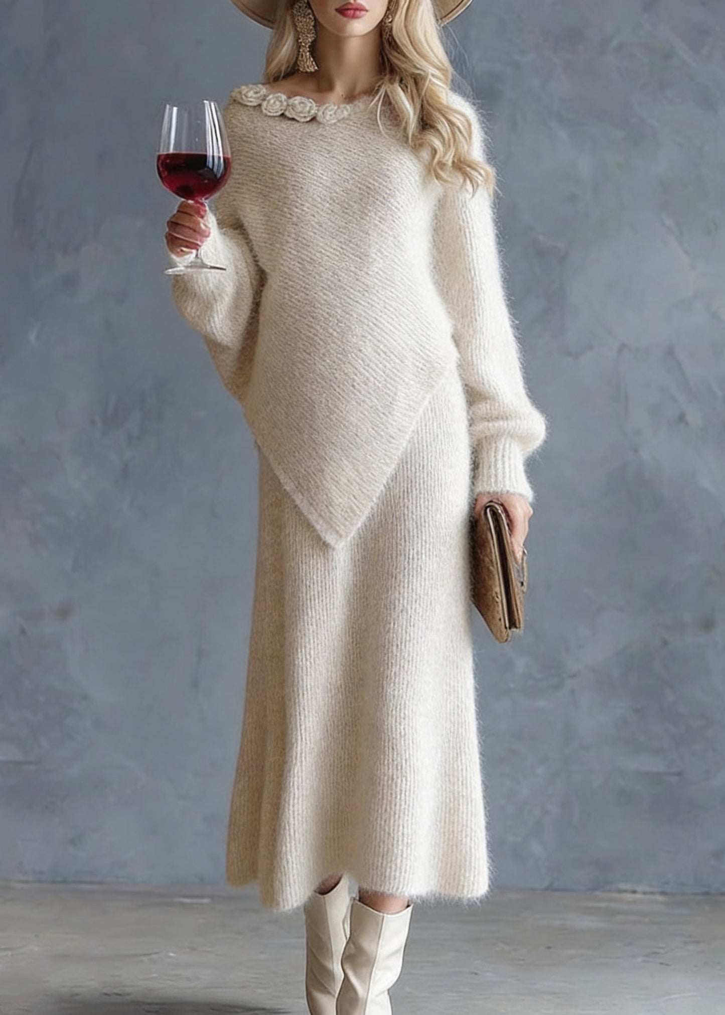 Beige Asymmetrical Cotton Knit Sweaters and Maxi Skirts Two Pieces Set Spring