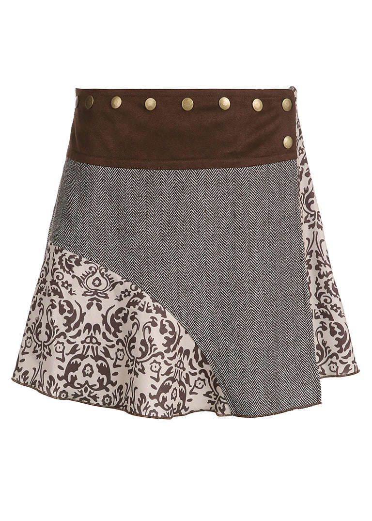 Brown Asymmetrical Print Rivet Patchwork Cotton Skirts Fall