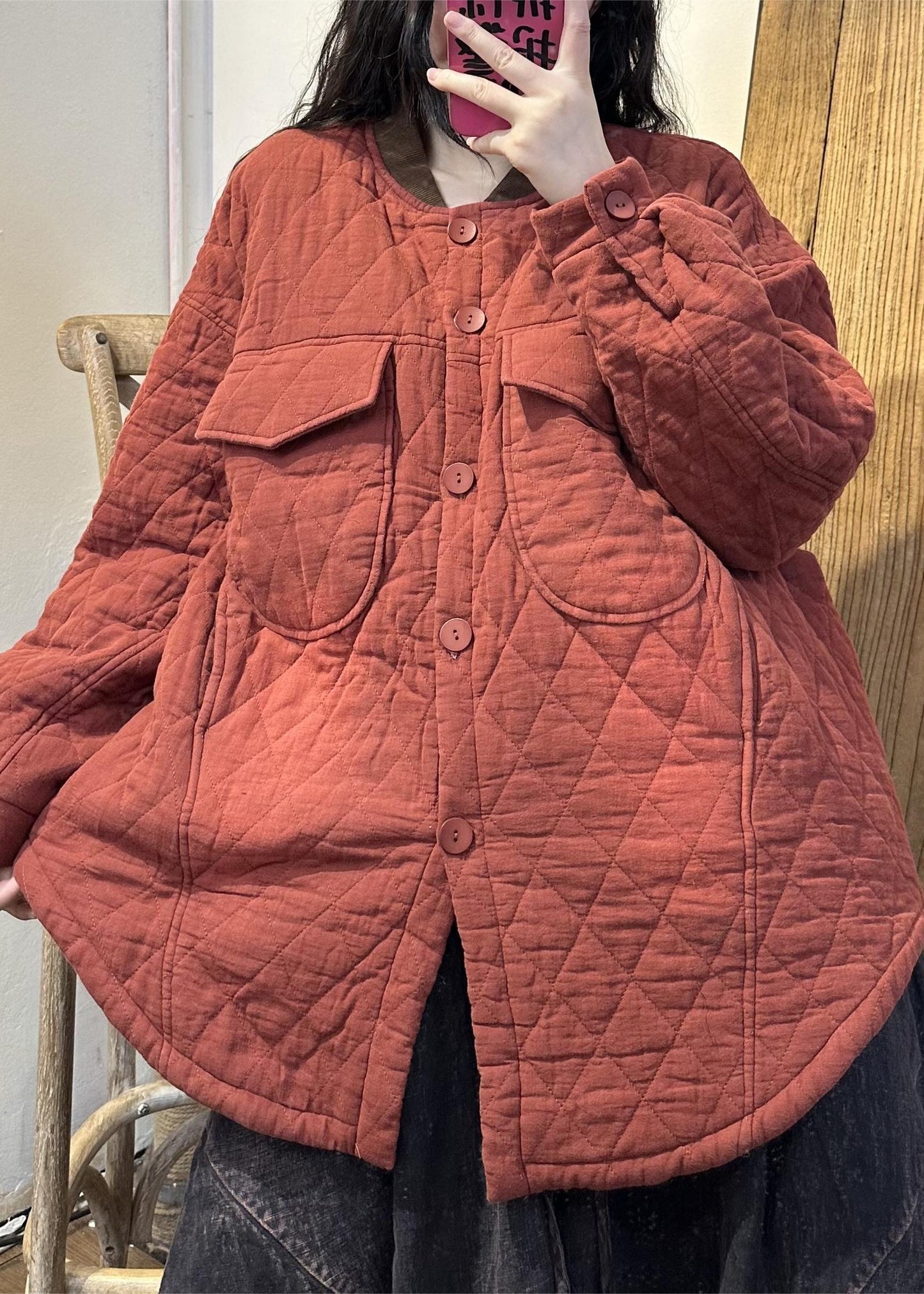 Loose Purple Pockets Button Fine Cotton Filled Coats Winter