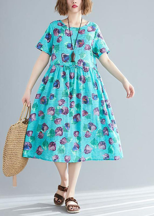 Diy Blue Print Linen Quilting Clothes Fitted Wardrobes O Neck Patchwork a Line Summer Dress