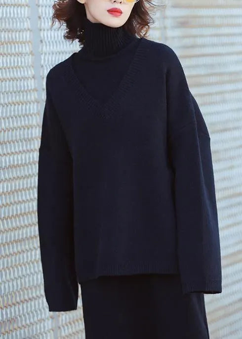 Set Female Large Size Turtleneck Sweater Suit Skirt Black Two-piece Long Paragraph Over the Knee