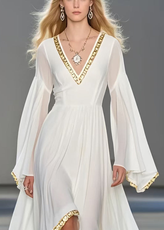 White Exra Large Hem Chiffon Robe Dresses Flare Sleeve