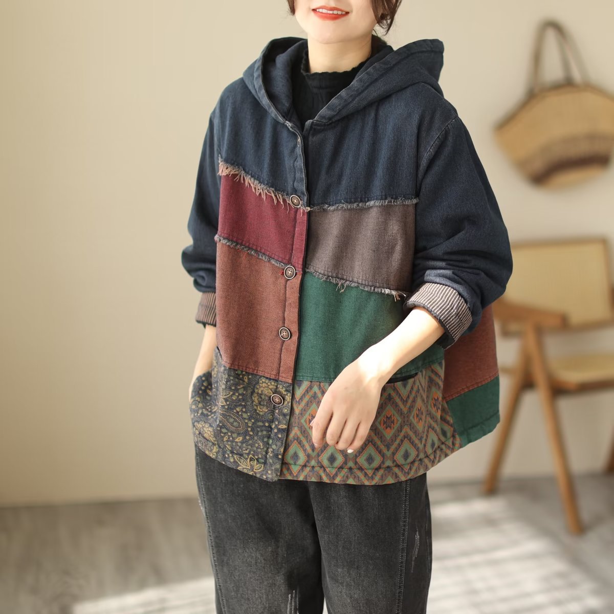 Padded Thick Loose Colorblock Denim Jacket