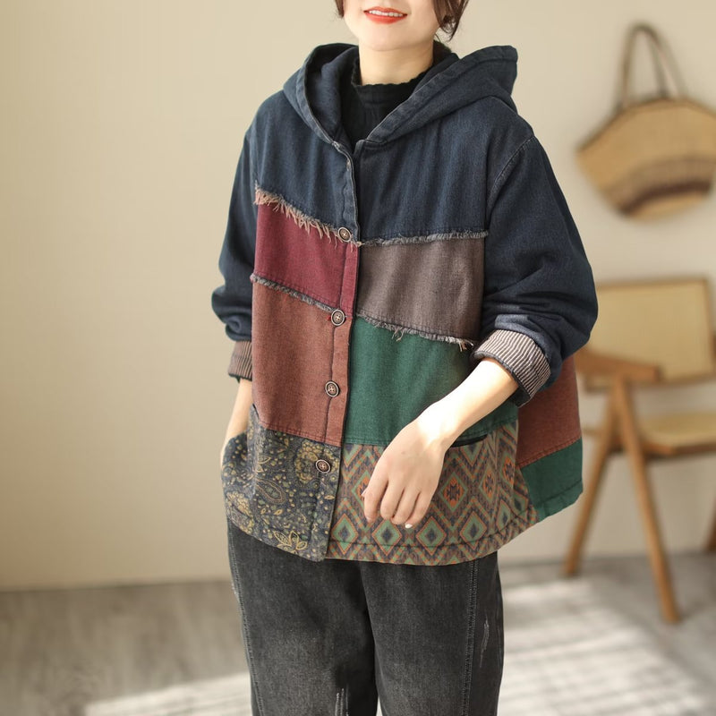 Padded Thick Loose Colorblock Denim Jacket