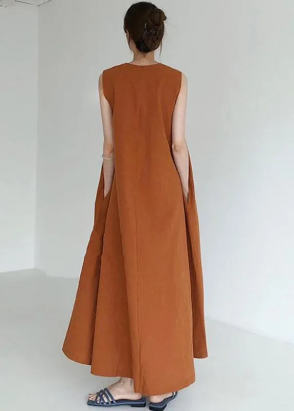 Brown Red Pockets Loose Cotton Dress Sleeveless