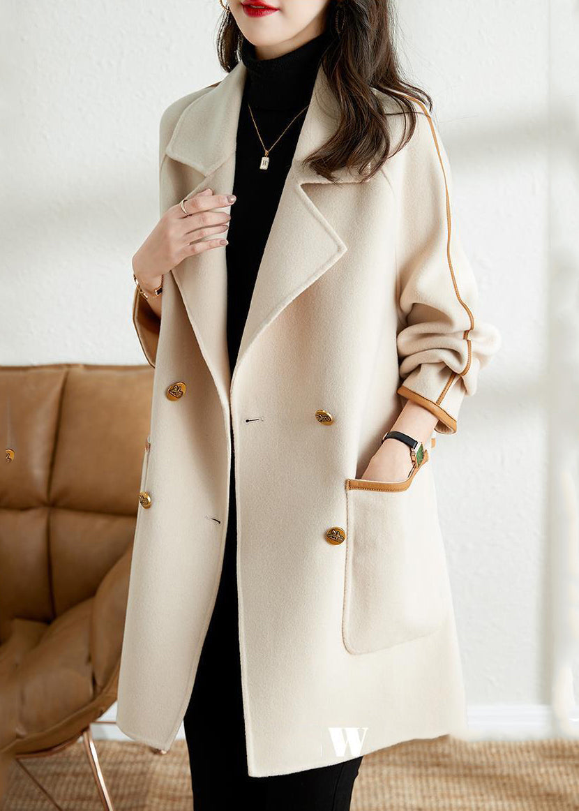 White Lapel Patchwork Pu Woolen Trench Coat Fall