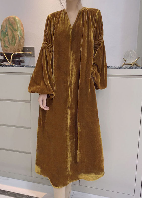 Yellow Puff Sleeve Pockets Velour Dress