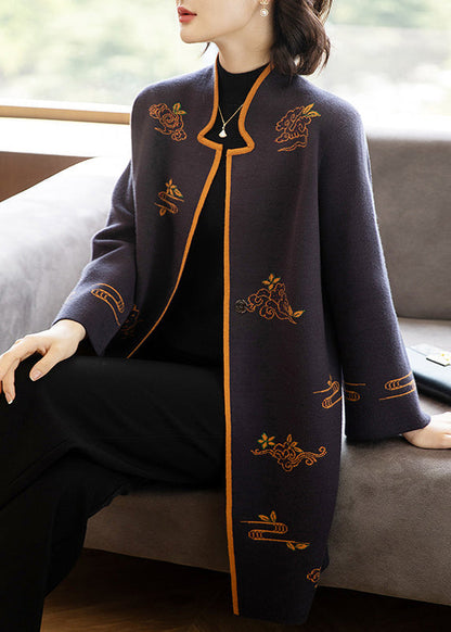 Dark Purple Stand Collar Embroidered Patchwork Wool Coats Fall