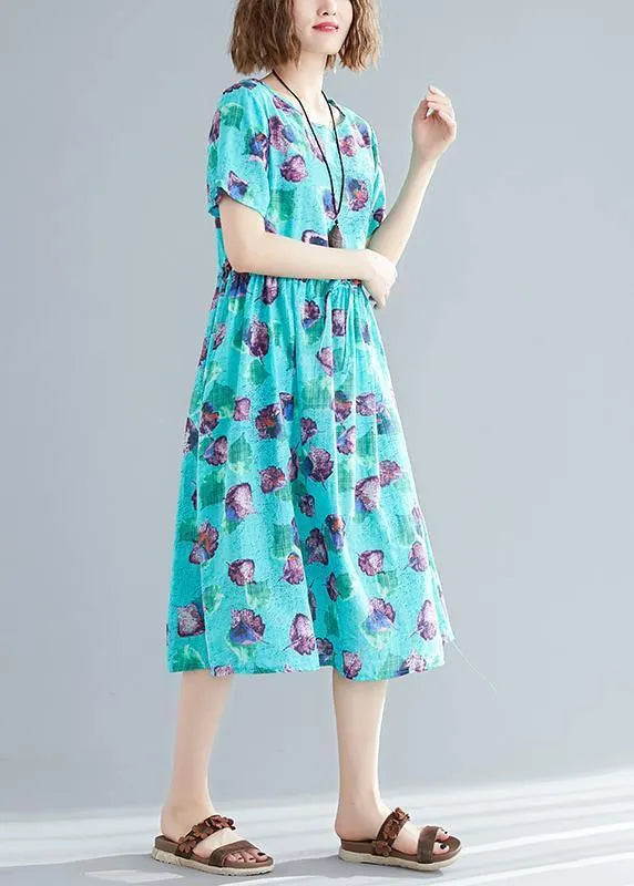 Diy Blue Print Linen Quilting Clothes Fitted Wardrobes O Neck Patchwork a Line Summer Dress