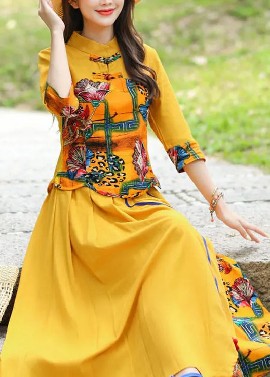 Stylish Yellow O-neck Print Top and Skirts Two Piece Set Fall