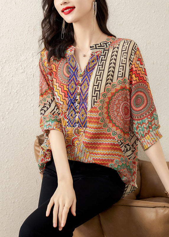 Orange V Neck Print Patchwork Chiffon T Shirt Tops Summer