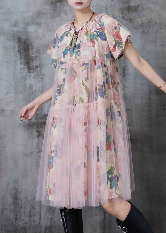 Apricot Print Tulle Work Dress Summer