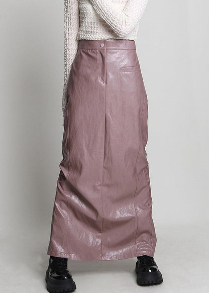 Pink Side Open High Waist Faux Leather Skirt Spring