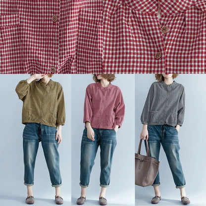 French Long Sleeve Linen Blouse Pakistani Tunic Tops Red Silhouette Shirt Plaid