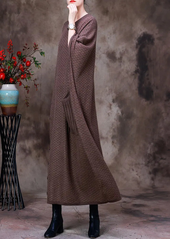 Light Coffee O-neck Button Pockets Cashmere Maxi Dress Long Sleeve