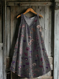 Women's Vintage Ethnic Flower Art Print V-neck Pocket Cotton Dress